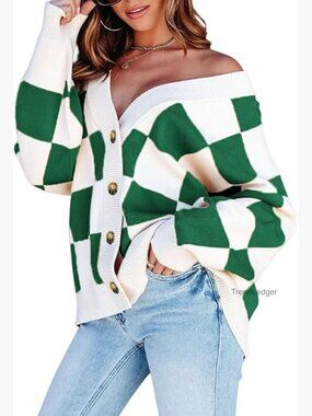 Oversized Cable Knit Cardigan V Neck Button Down Long Sleeve Plaid